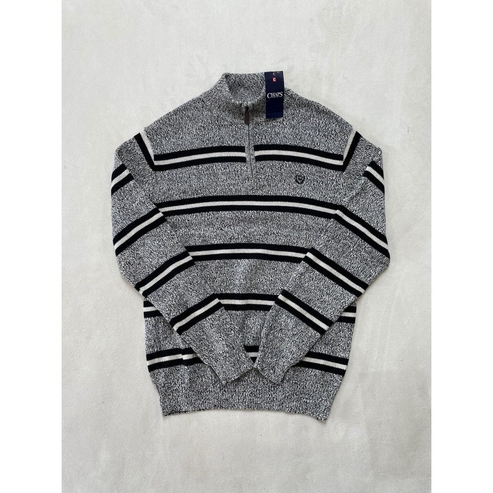 Chaps Mens Gray Striped Quarter Zip Cotton Sweater Mock Neck Large 63708